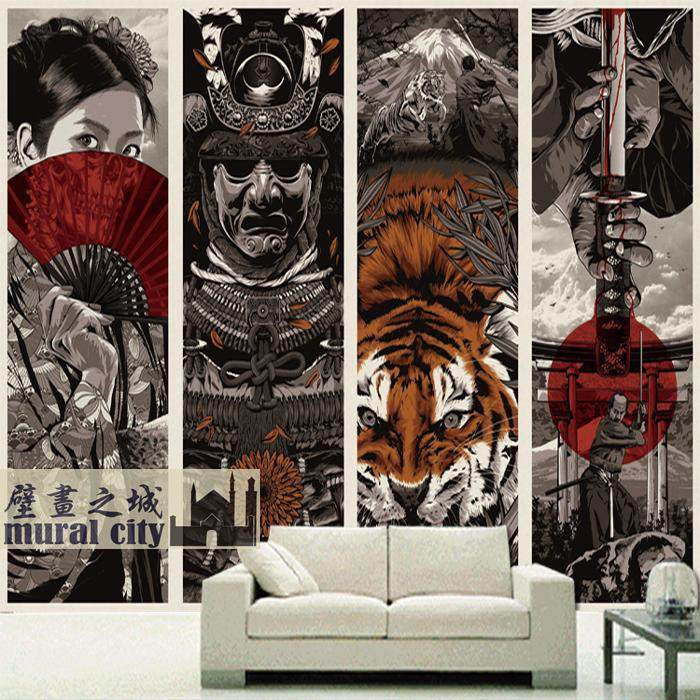 日本武士将军壁纸艺伎女人老虎刺刀浮世绘刺青墙纸日式风格壁画