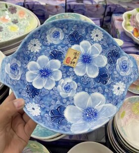 濑户烧手绘釉下彩双耳陶瓷饭盘