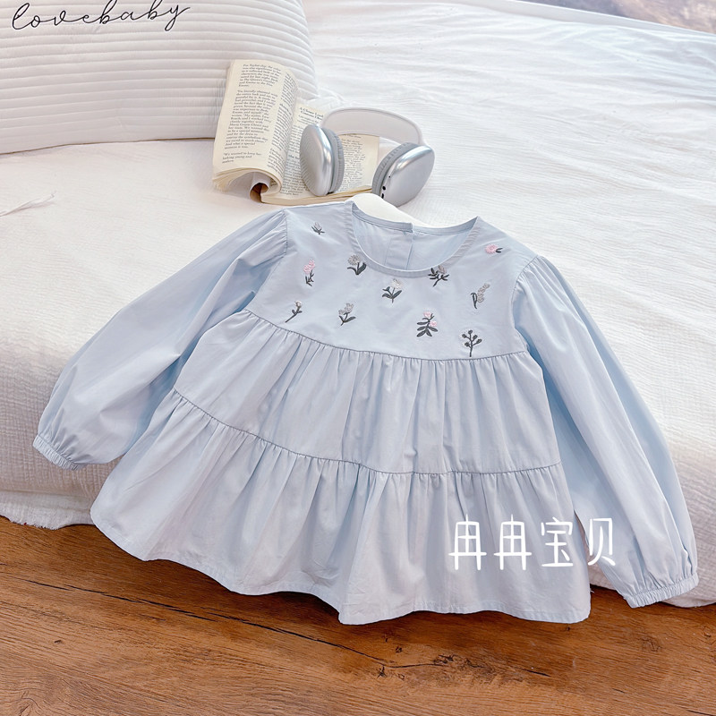2025春秋季新款韩版女童长袖棉质蓝色刺绣小花衬衫甜美女宝衬衫潮