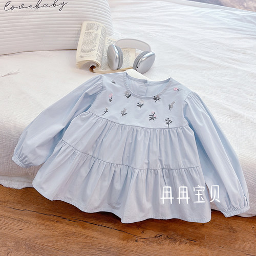 2025春秋季新款韩版女童长袖棉质蓝色刺绣小花衬衫甜美女宝衬衫潮