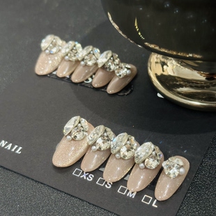 裸色粉嫩鎏金粉椭圆甲纯手工穿戴甲满钻温柔纯欲爆闪 148