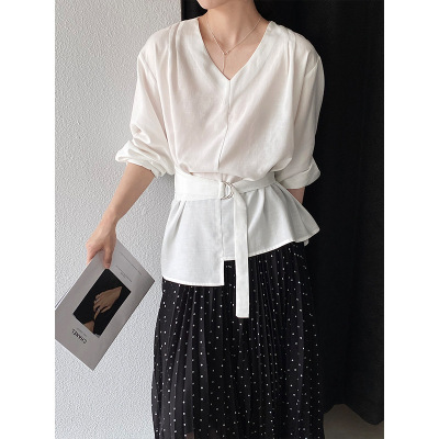 江左 私服漂亮衬衫 复古极简高级感V领衬衫女夏气质收腰上衣 1829