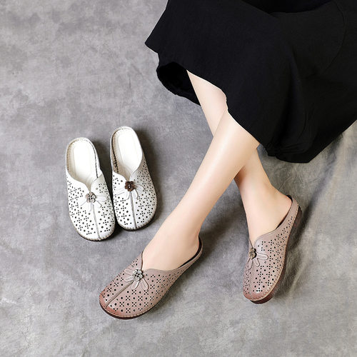 妈妈鞋真皮拖鞋包头牛筋底软底