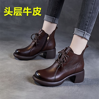 头层牛皮~高端~女鞋复古中跟短靴秋冬系带中年皮鞋真皮马丁靴单靴