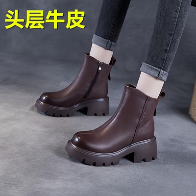头层牛皮~高端~女鞋真皮粗跟厚底英伦马丁靴秋冬短靴百搭时尚休闲