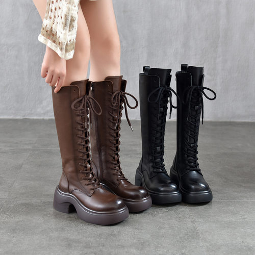 头层牛皮~系带松糕厚底马丁靴女鞋高筒靴2026秋冬新款真皮长筒靴