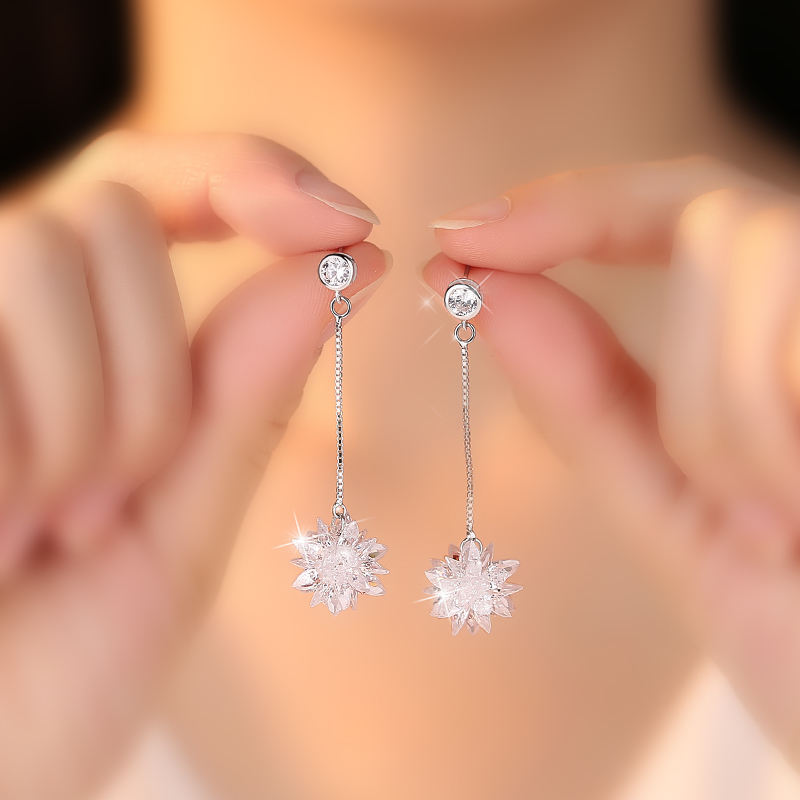925纯银水g晶冰花耳坠雪花高级感耳环女气质耳钉长款吊坠耳线耳饰