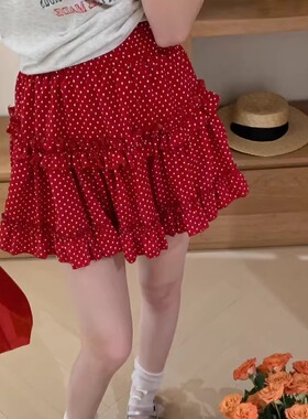 大码红色波点半身裙女夏季法式小个子蛋糕裙短款高腰显瘦a字短裙