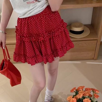 大码红色波点半身裙女夏季法式小个子蛋糕裙短款高腰显瘦a字短裙