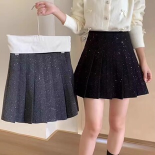 梨形身材羊毛呢百褶裙女大码秋冬复古亮片A字短裙遮肚子半身裙胖M