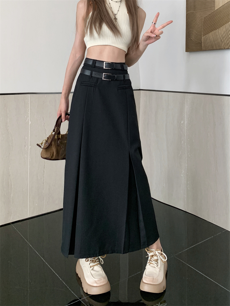大码学院风长裙黑色西装半身裙女装夏季高腰双腰带辣妹a字长裙子
