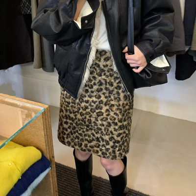 复古美式豹纹毛呢半身裙