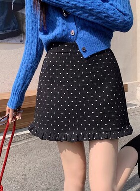 大码波点花边毛呢半身裙女秋冬法式复古灰色高腰包臀裙a字短裙胖M