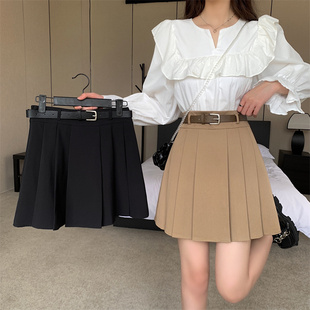 大码黑色百褶裙半身裙女秋季学院风遮肚显瘦a字裙短裙胖mm西装裙