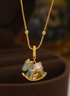 新中式风珐琅滴油锁骨链女2026年本命年小木马项链轻奢网红毛衣链