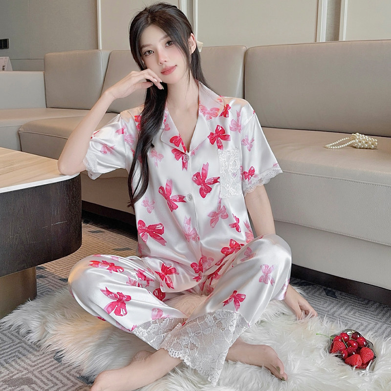 2026夏季新款仿真丝绸短袖长裤冰丝薄款套装女高级感可外穿居家服,女装/女士精品,大码套装,淘宝优惠券,粉丝福利购,淘宝优惠卷