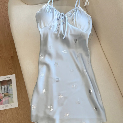 M2025蝴蝶睡衣女带胸垫烫银性感睡裙时尚蕾丝花边家居服吊带裙子