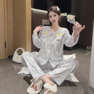 新款 两件套装 公主风金丝绒睡衣女纯色长袖 甜美休闲时尚 长裤 秋冬季