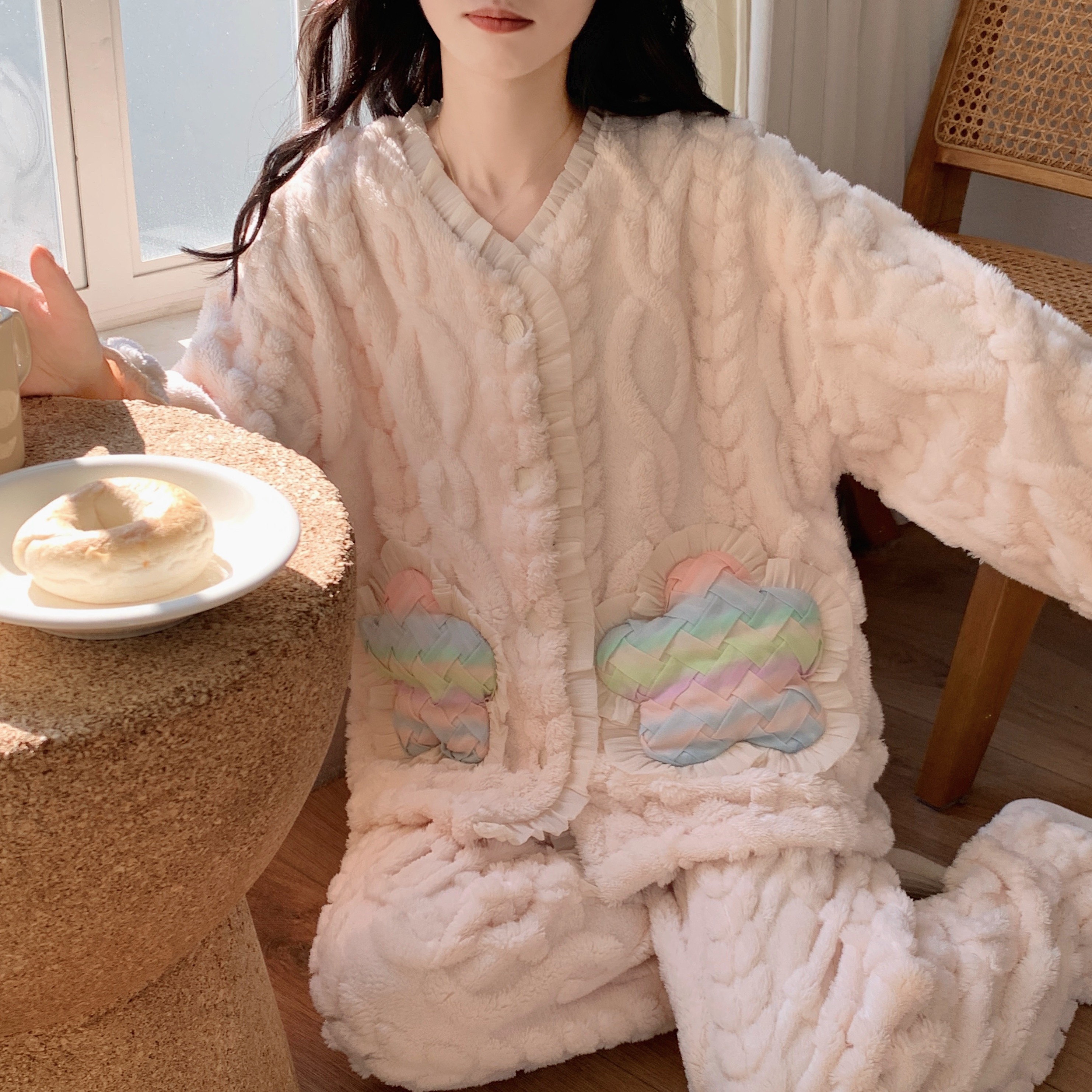 睡衣女秋冬新款加厚加绒两件套装