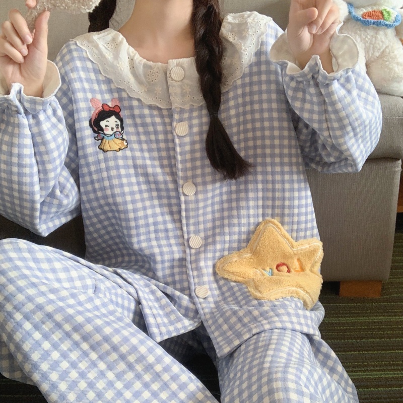 加厚睡衣女秋冬季空气棉夹层套装