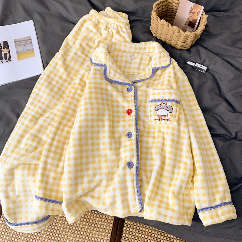 珊瑚绒睡衣女秋冬季加厚保暖套装