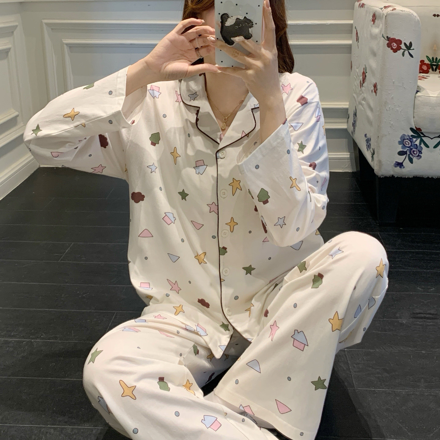 2026春秋季新款长袖长裤纯棉印花开衫翻领甜美居家服可外穿套装女,女装/女士精品,大码套装,淘宝优惠券,粉丝福利购,淘宝优惠卷