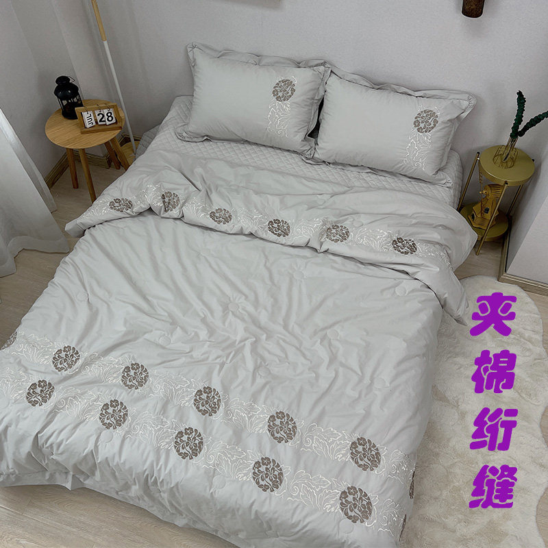 韩版纯色高支纯棉四件套夹棉绗缝被套床盖式低调高档婚庆床上套件