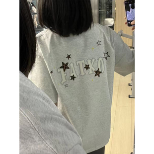 t恤女夏季 潮牌情侣百搭hiphop宽松上衣 星星贴皮字母刺绣短袖 美式