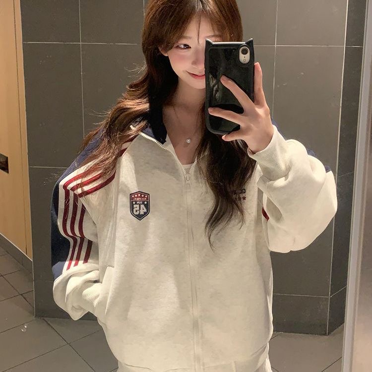 国潮牌条纹拼接撞色立领外套男女款美式复古棒球服设计感开衫夹克