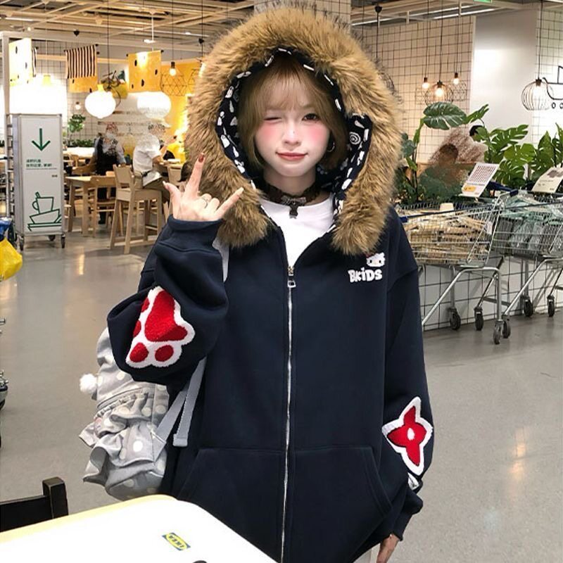 潮牌美式高街刺绣猫咪毛领连帽卫衣女宽松学院风加绒加厚开衫外套
