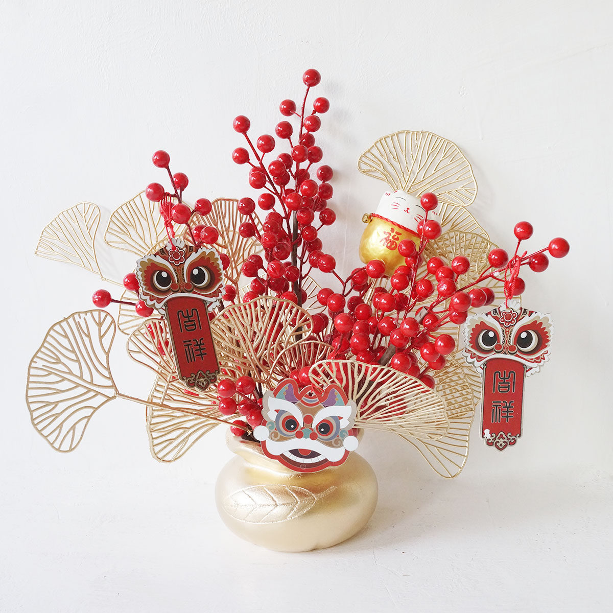 红色发财果子冬青新年春节装饰仿真花年宵花福桶摆件乔迁之喜搬家