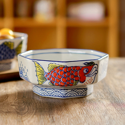 瓷中式复古手绘青花金龙鱼八角碗