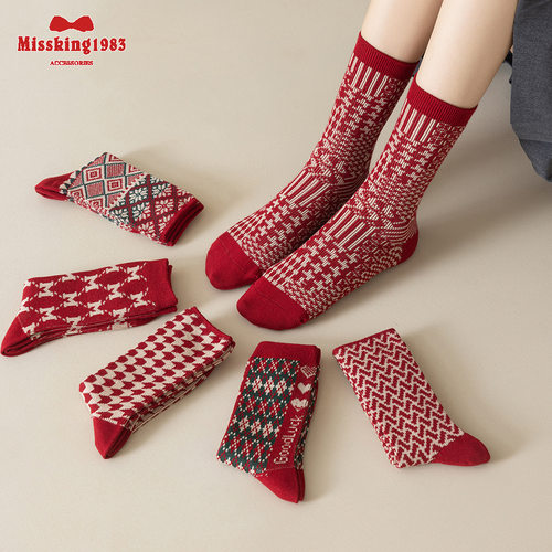 Missking1983本命年双针双路红袜子女秋冬蛇年情侣中筒袜结婚棉袜