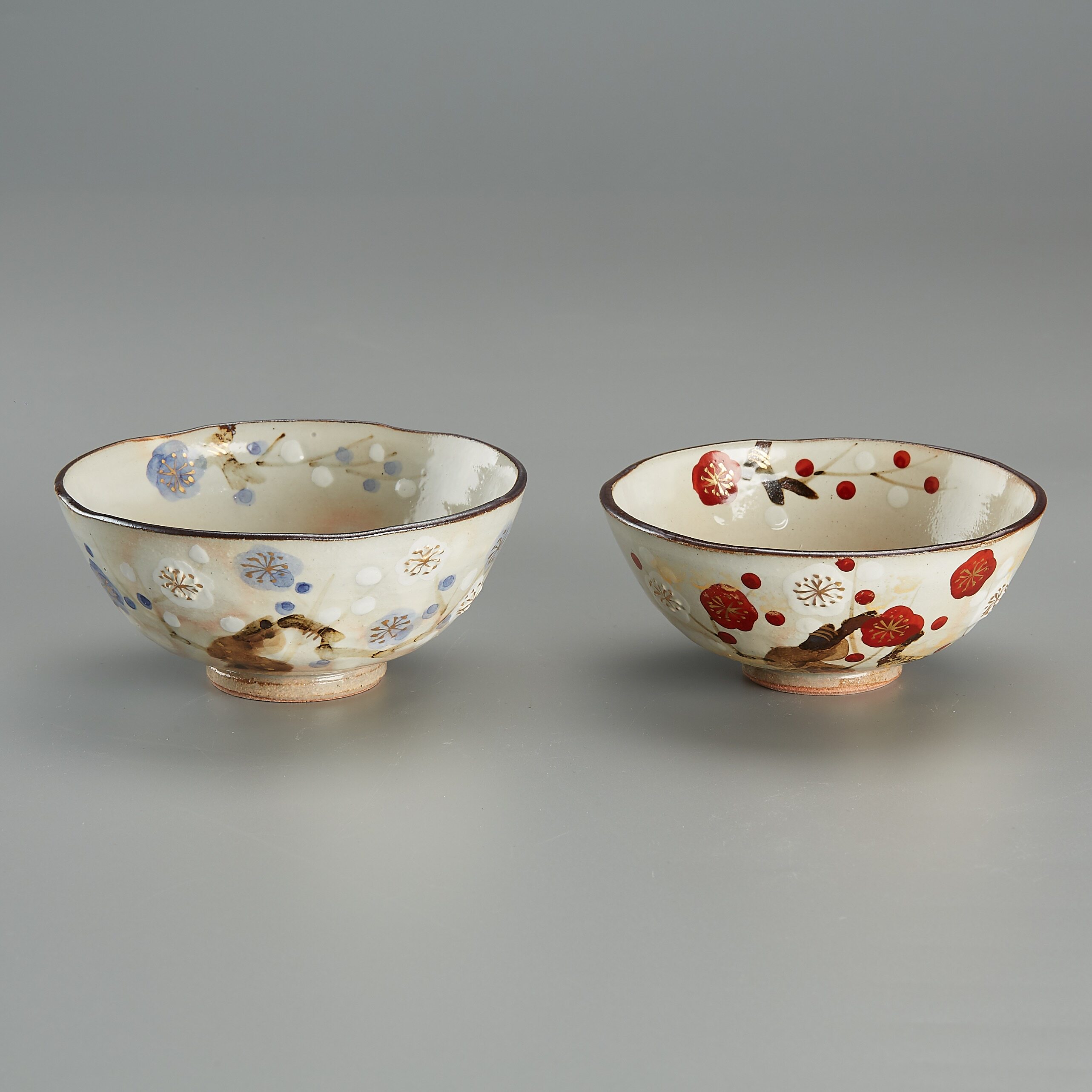 日本进口 京烧清水烧作家森俊山作手绘吉祥梅花图組饭碗 夫妻对碗