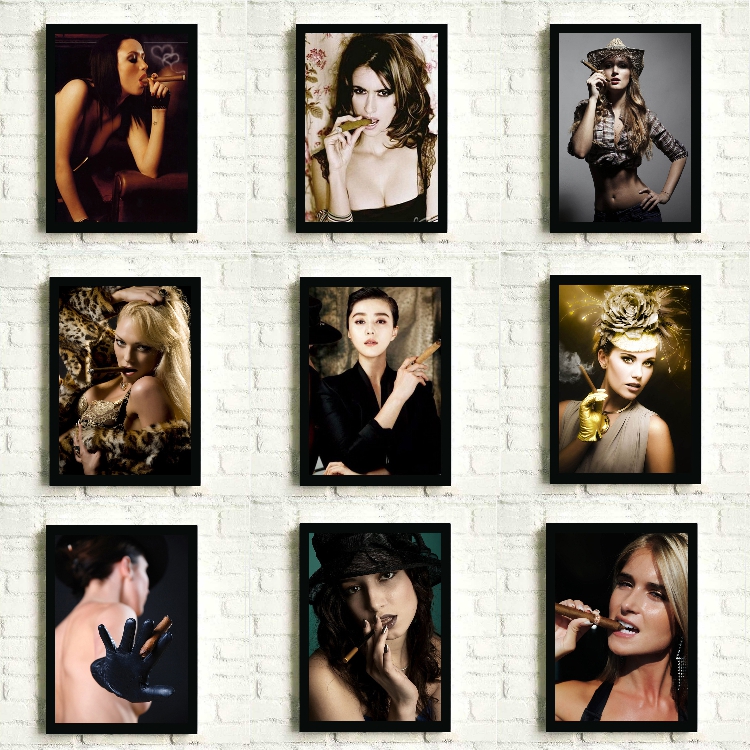 定制雪茄抽雪茄女人雪茄吧烟草美女女明星抽雪茄黑框装饰画照片墙