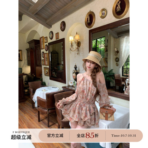 F boutique「油画玫瑰」复古雪纺印花编织露肩长袖连衣裙+灯笼裤