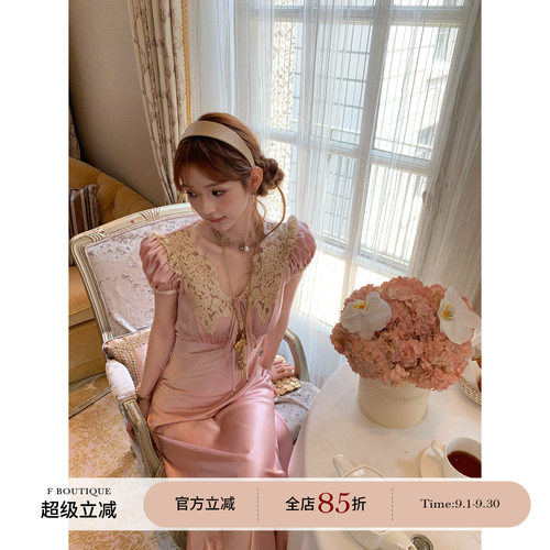 F boutique「粉雾琉光」3种定制股线蕾丝定染泡泡袖醋酸缎连衣裙