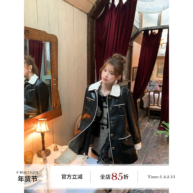 F boutique 重工定制蕾丝手工领爱心扣长款皮衣外套,女装/女士精品,皮衣,淘宝优惠券,粉丝福利购,淘宝优惠卷