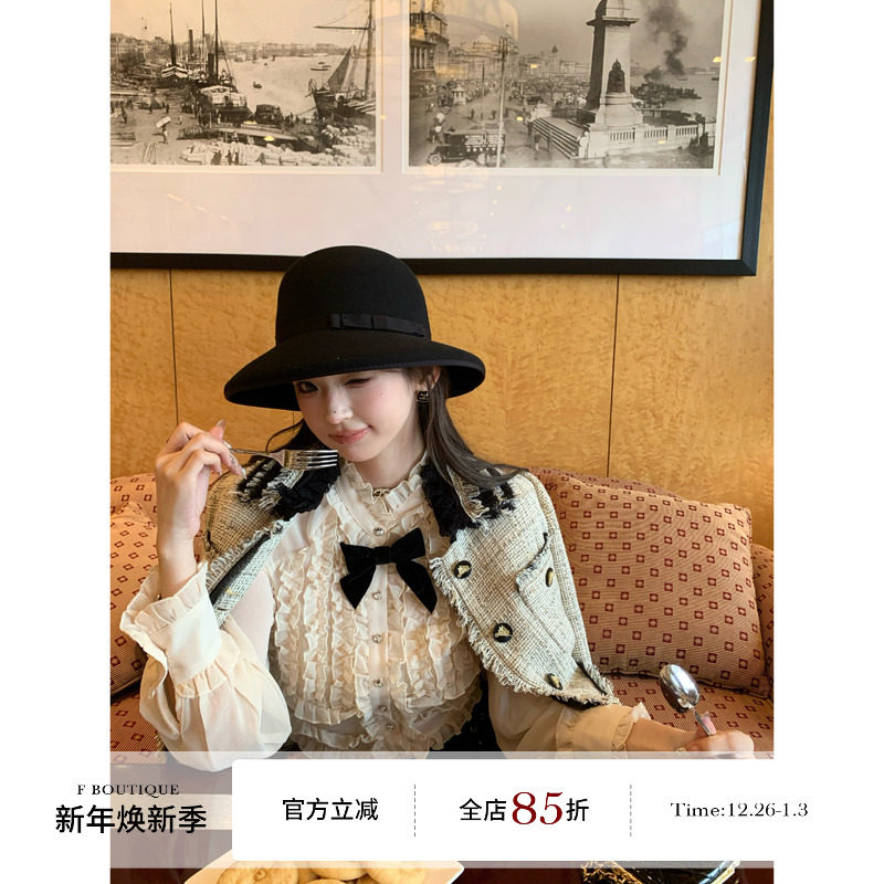 F boutique doll感中古木耳边蝴蝶结雪纺长袖衬衫