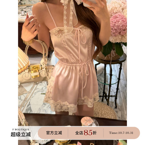 F boutique「S1p*」定染蕾丝拼接醋酸缎面吊带收腰绑高腰连体裤