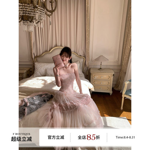 F boutique「仙踪粉雾」重工79裁片压褶打揽蕾丝网纱抹胸连衣裙