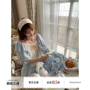 F boutique「Ch1oe3w+」vic秀款重工定染法蕾泡泡袖上衣+短裤