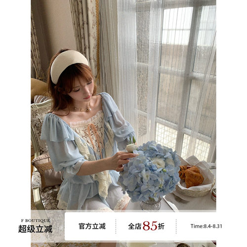 F boutique「Ch1oe3w+」vic秀款重工定染法蕾泡泡袖上衣+短裤