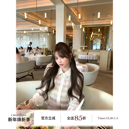 F boutique「白羽蕾丝」100%人丝镂空真丝木耳边翻领富家女衬衫