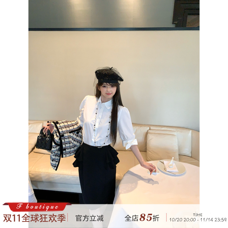 F boutique「Clean fit」v*t奢牌蝴蝶结泡泡袖衬衫+荷叶边中裙
