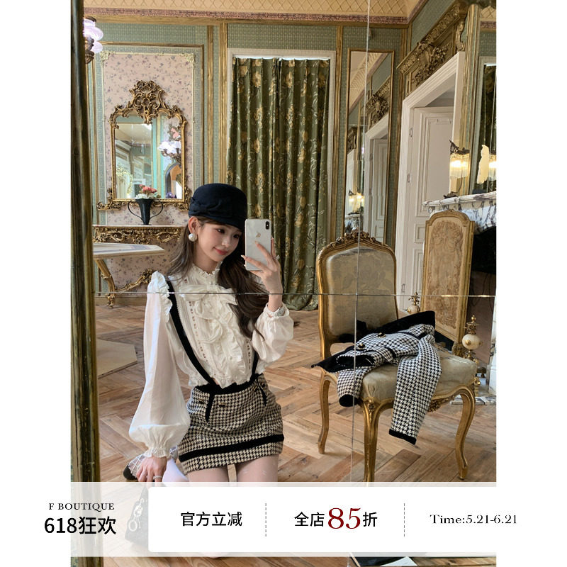 F boutique 重工钉珠蝴蝶结胸针蕾丝拼接泡泡袖衬衫
