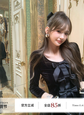 F boutique 手工蝴蝶结 小香25k定制丝绒圆领上衣