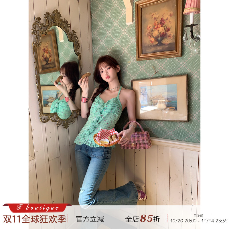 F Boutique 绿野仙踪 法式碎花风琴压褶绑带露背吊带挂脖上衣