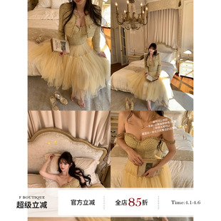 独家自线 金色手缝花边抹胸套装 boutique