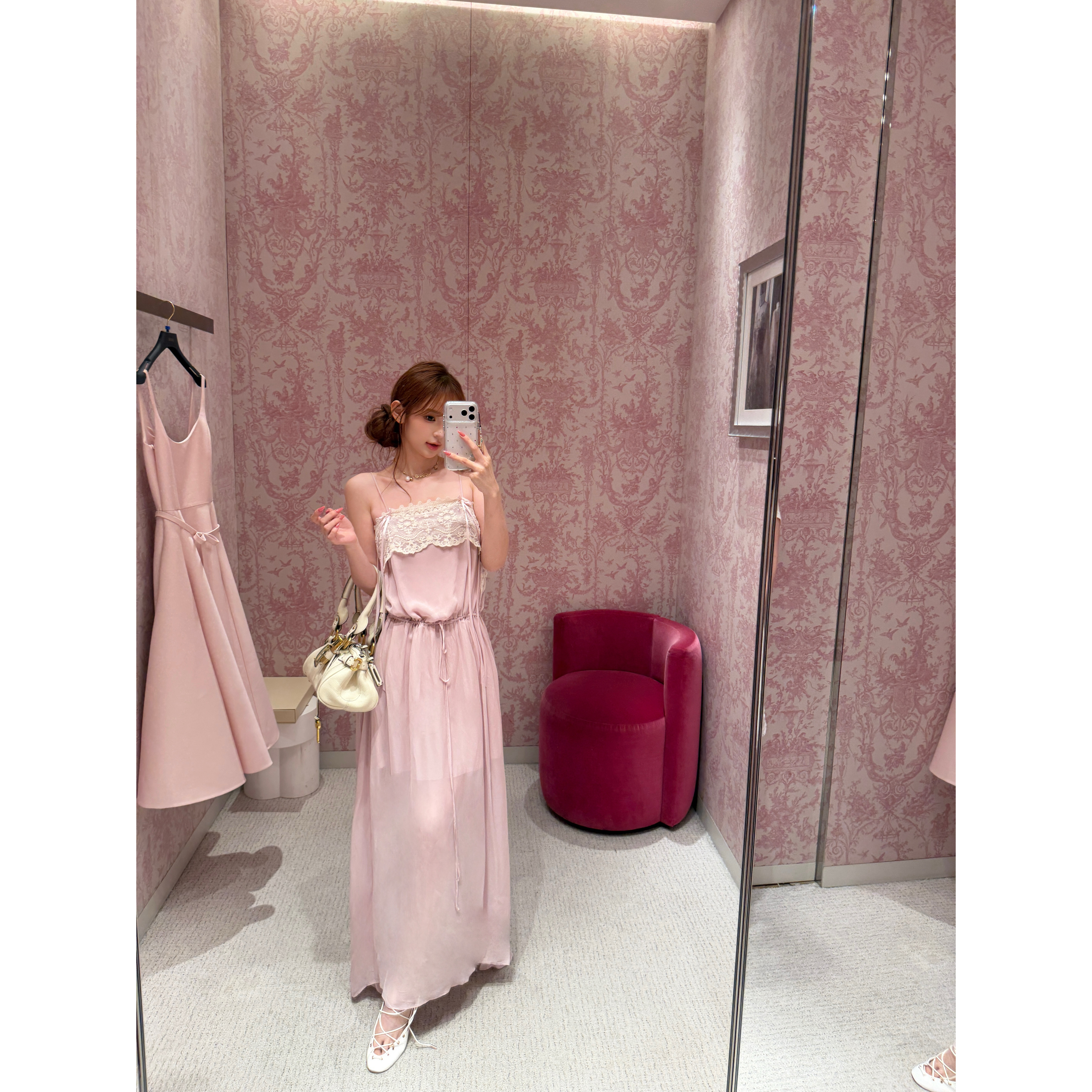 F boutique「山茶浅樱」sl*p蕾丝拼接人丝绑带蝴蝶结吊带/连衣裙 - 实物图